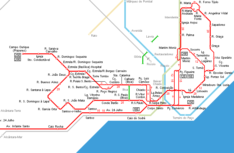 Mapas líneas tranvías Lisboa